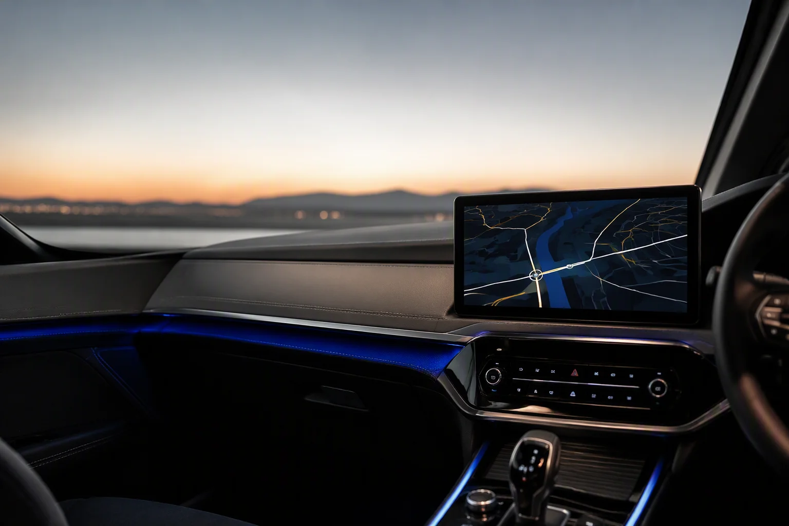 Car dashboard with a 10-inch center display showing abstract navigation map graphics, lit by dusk light with a blue ambient glow