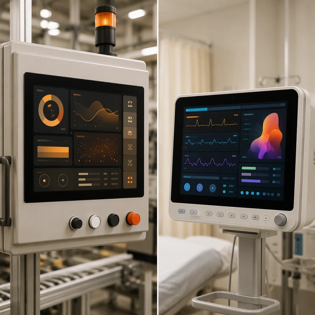Split-scene photograph: a factory HMI panel on the left and a hospital patient monitor on the right, both showing colorful abstract interfaces