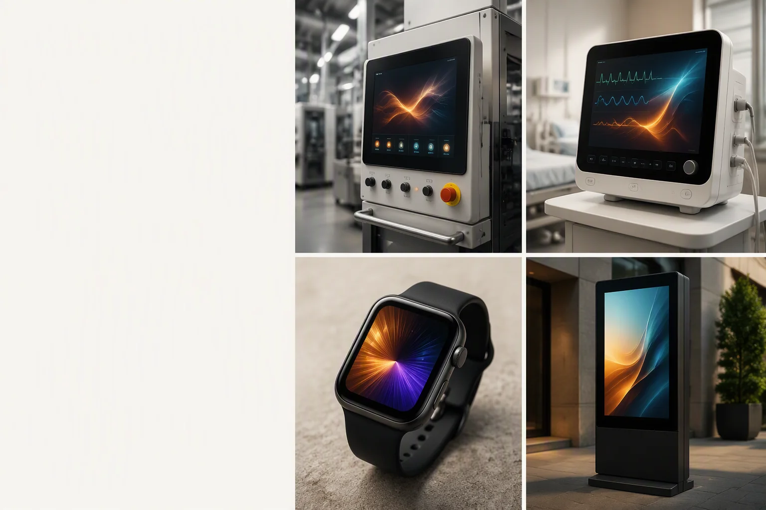 Collage of four display applications in quadrants: an industrial machine HMI, a medical monitor, a smartwatch and an outdoor kiosk, each with a glowing screen