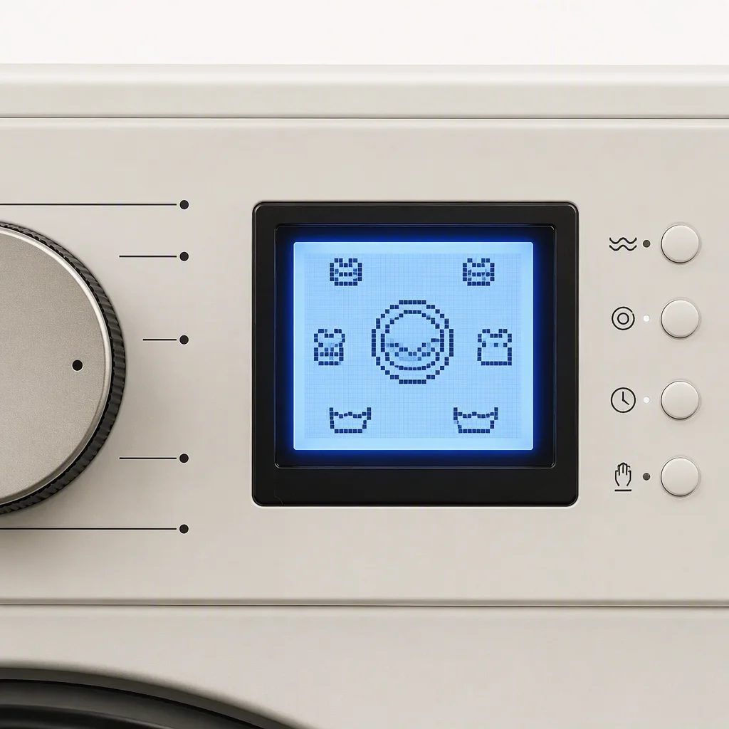 Washing machine control panel with a small monochrome LCD showing abstract cycle icons, macro close-up