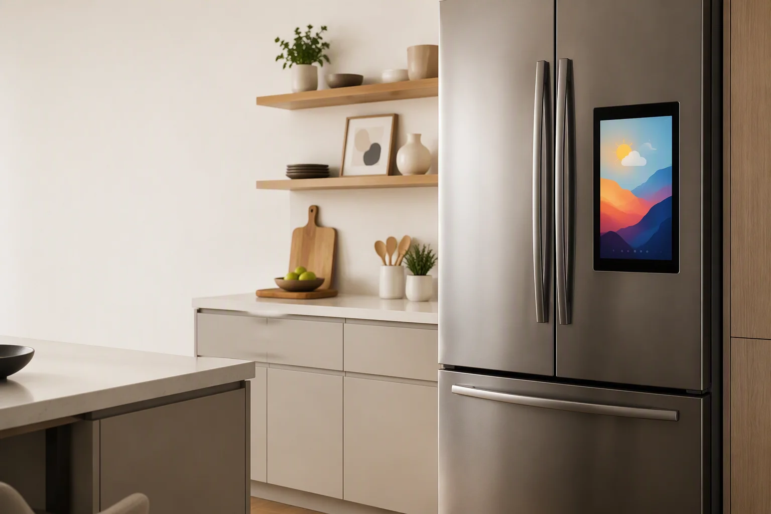 Modern refrigerator with an embedded 7-inch smart display showing abstract weather graphics in a bright kitchen