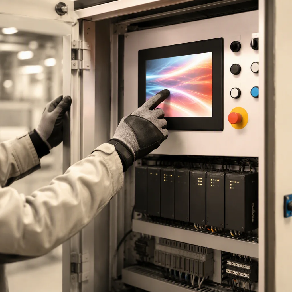 PLC control panel with an embedded 7-inch touch display in a factory cabinet, an operator's gloved hand reaching toward the screen