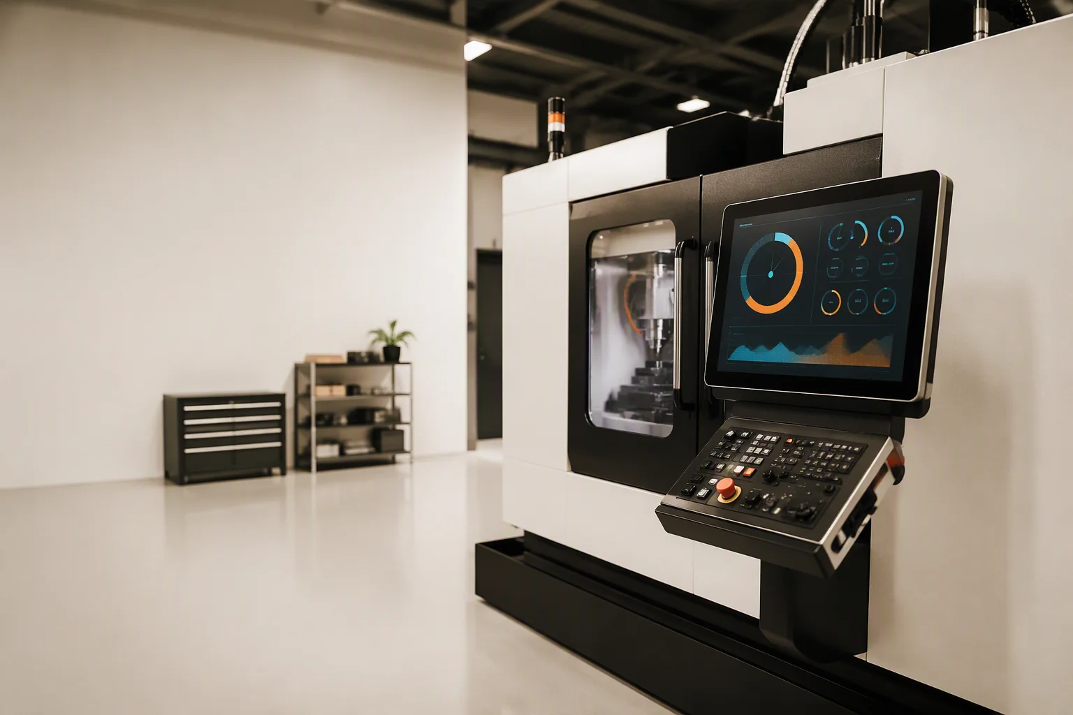 Industrial CNC machine with a 10-inch HMI display showing abstract gauge graphics on a factory floor