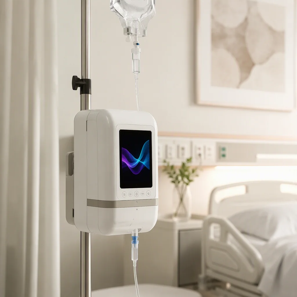 Medical infusion pump with a small embedded display in a hospital ward, soft daylight