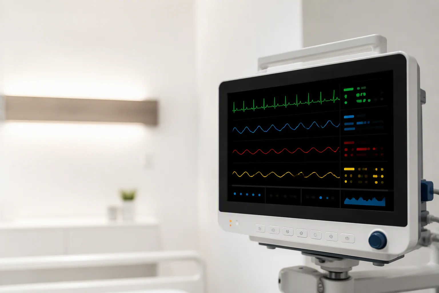 Hospital patient monitor with a bright IPS display showing abstract vital-sign waveforms, in a clean clinical room