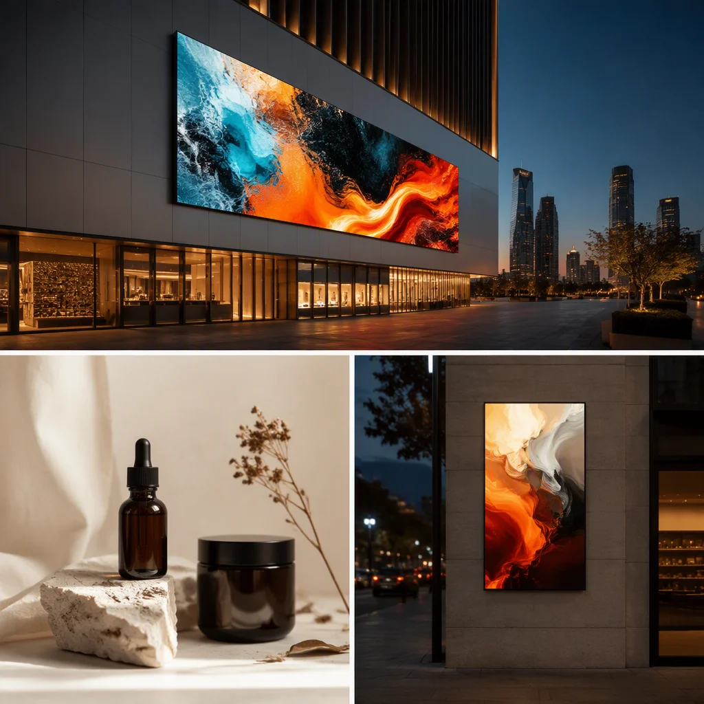 Outdoor advertising display on a building facade at dusk with vivid abstract visuals over a city skyline