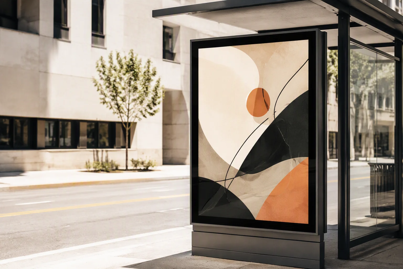 Bus stop digital signage display in bright noon sunlight, screen clearly legible showing abstract content in an urban scene