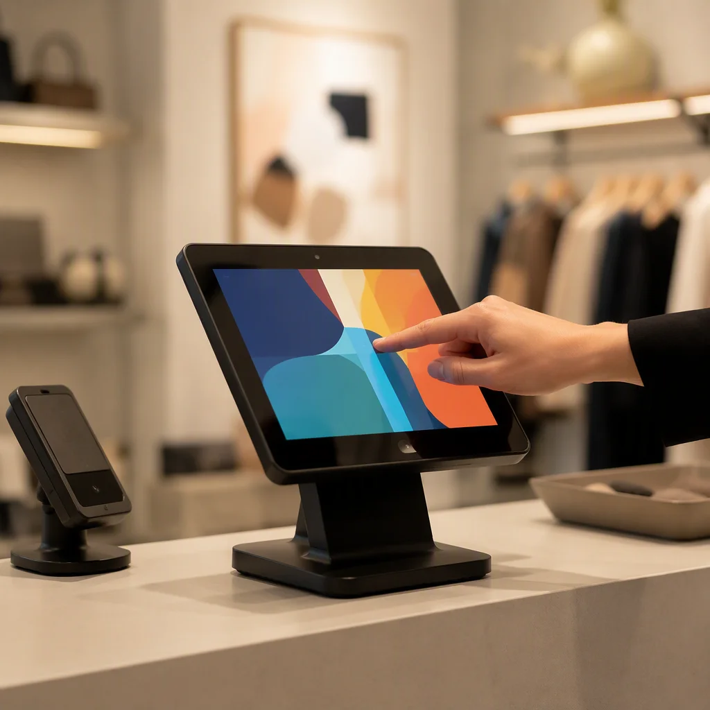 Cashier counter with a 10.1-inch POS touch display, a hand tapping the screen showing an abstract colorful interface