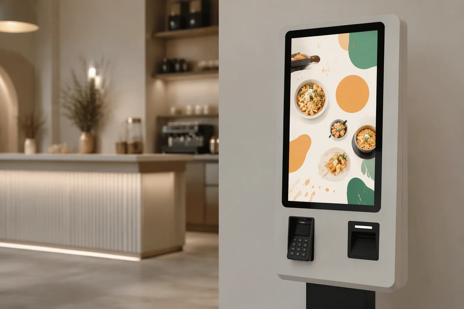 Self-service ordering kiosk with a bright 15.6-inch touchscreen in a modern cafe, screen showing abstract menu graphics