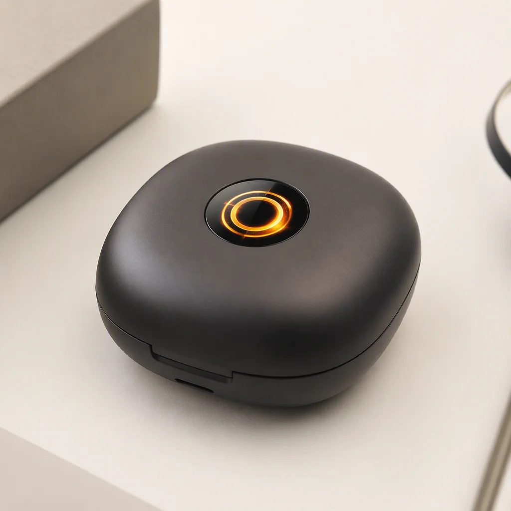 TWS earbuds charging case with a tiny 0.71-inch round OLED showing an abstract battery ring, on a clean white desk