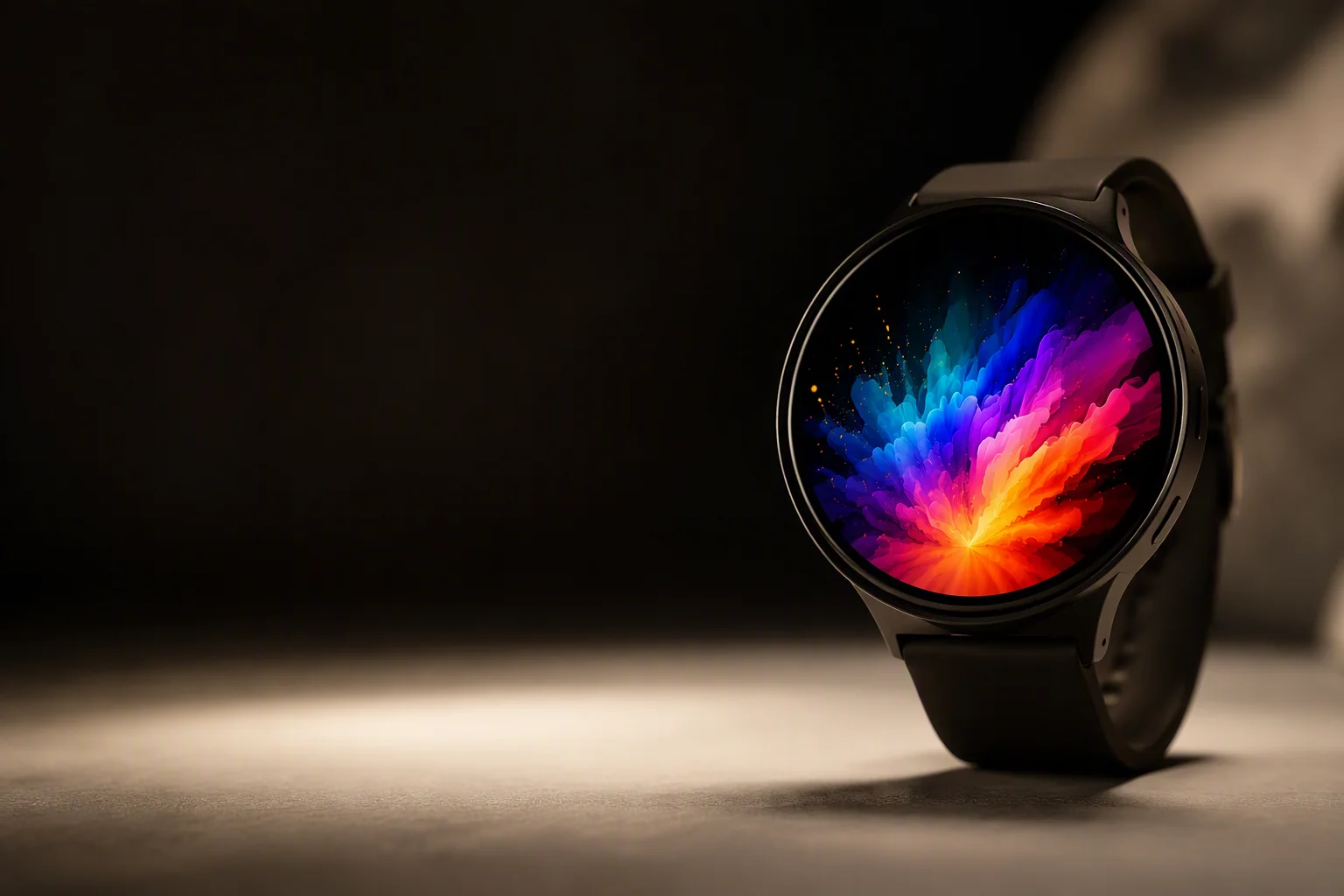 Smartwatch with a round AMOLED display showing an abstract colorful watch face on a dark studio background