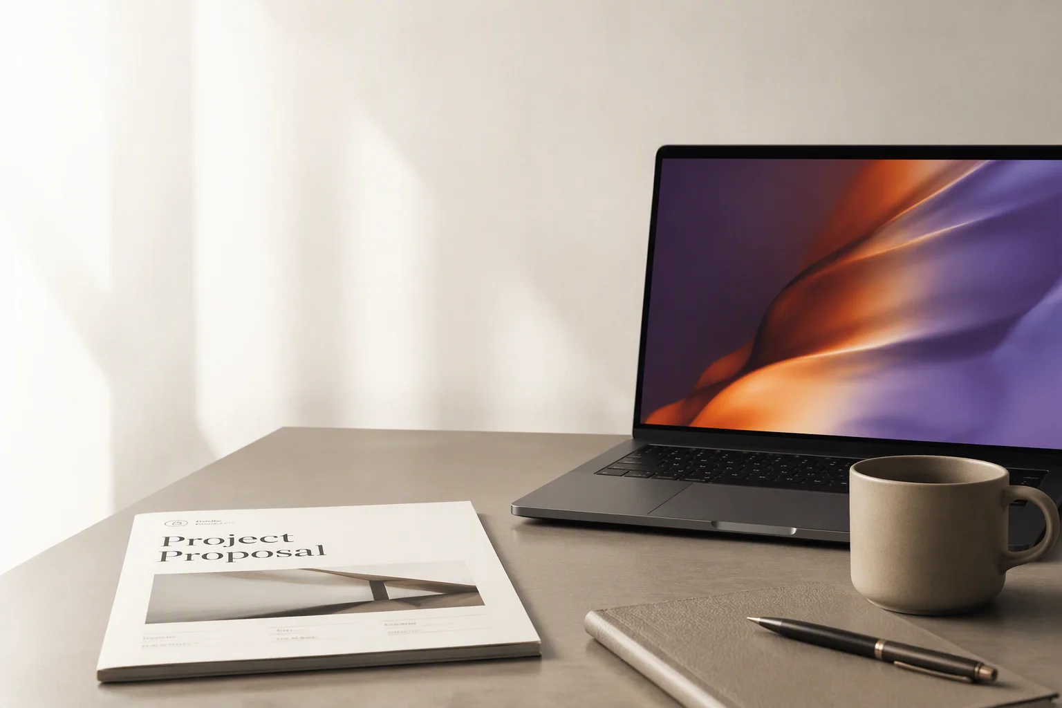 Clean desk with documents and a pen in soft corporate light, calm and minimal