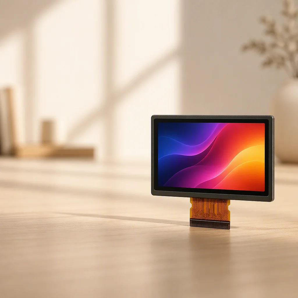 Display module on a warm desk with soft window light