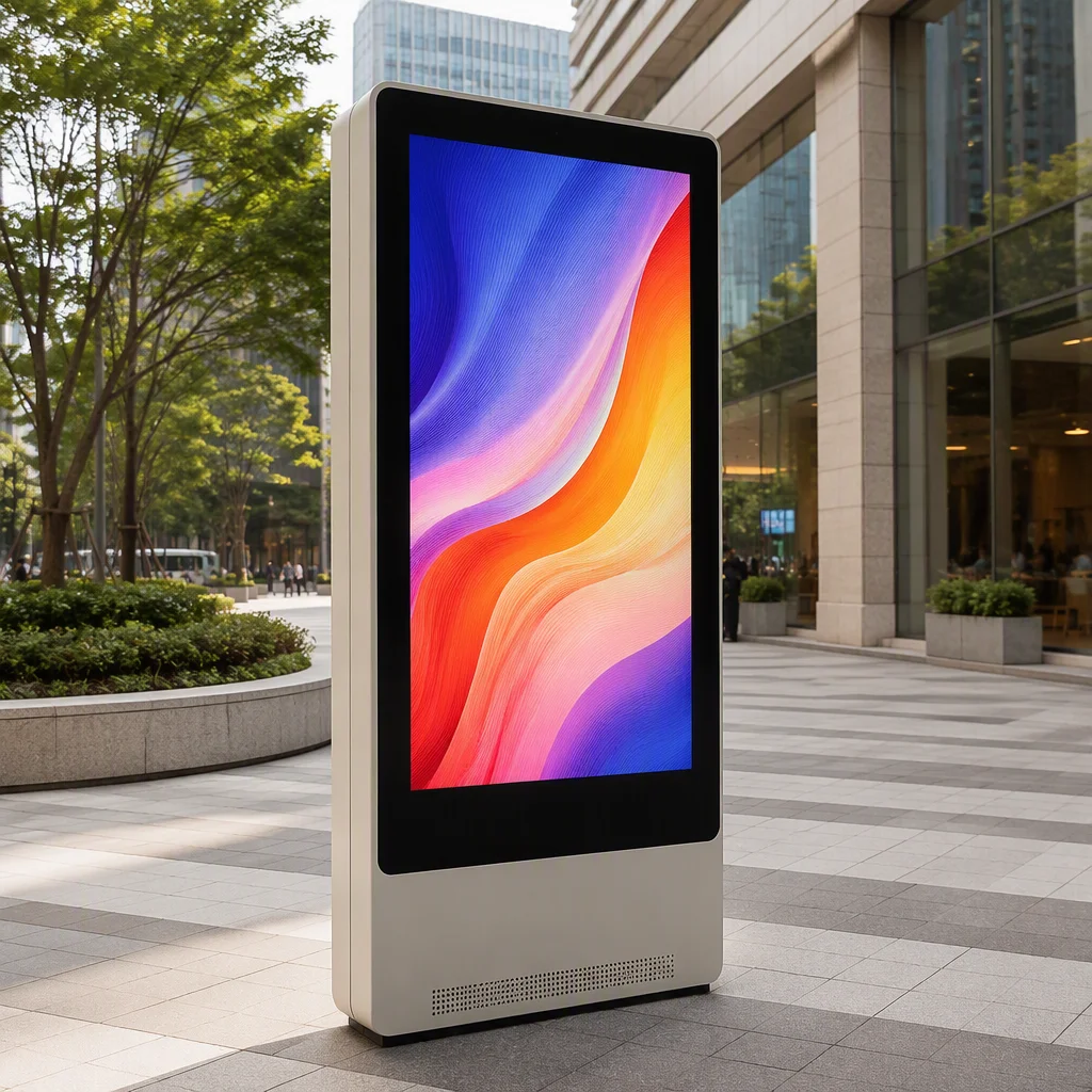 Outdoor kiosk with a high-brightness display installed and running in a city plaza in daylight