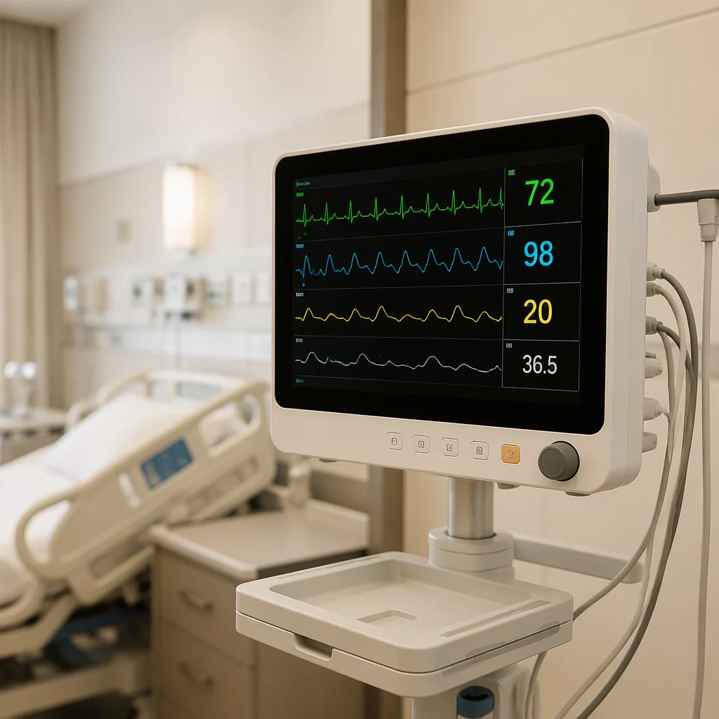 Hospital monitor with a patient vital display showing abstract waveforms in a clean clinical ward