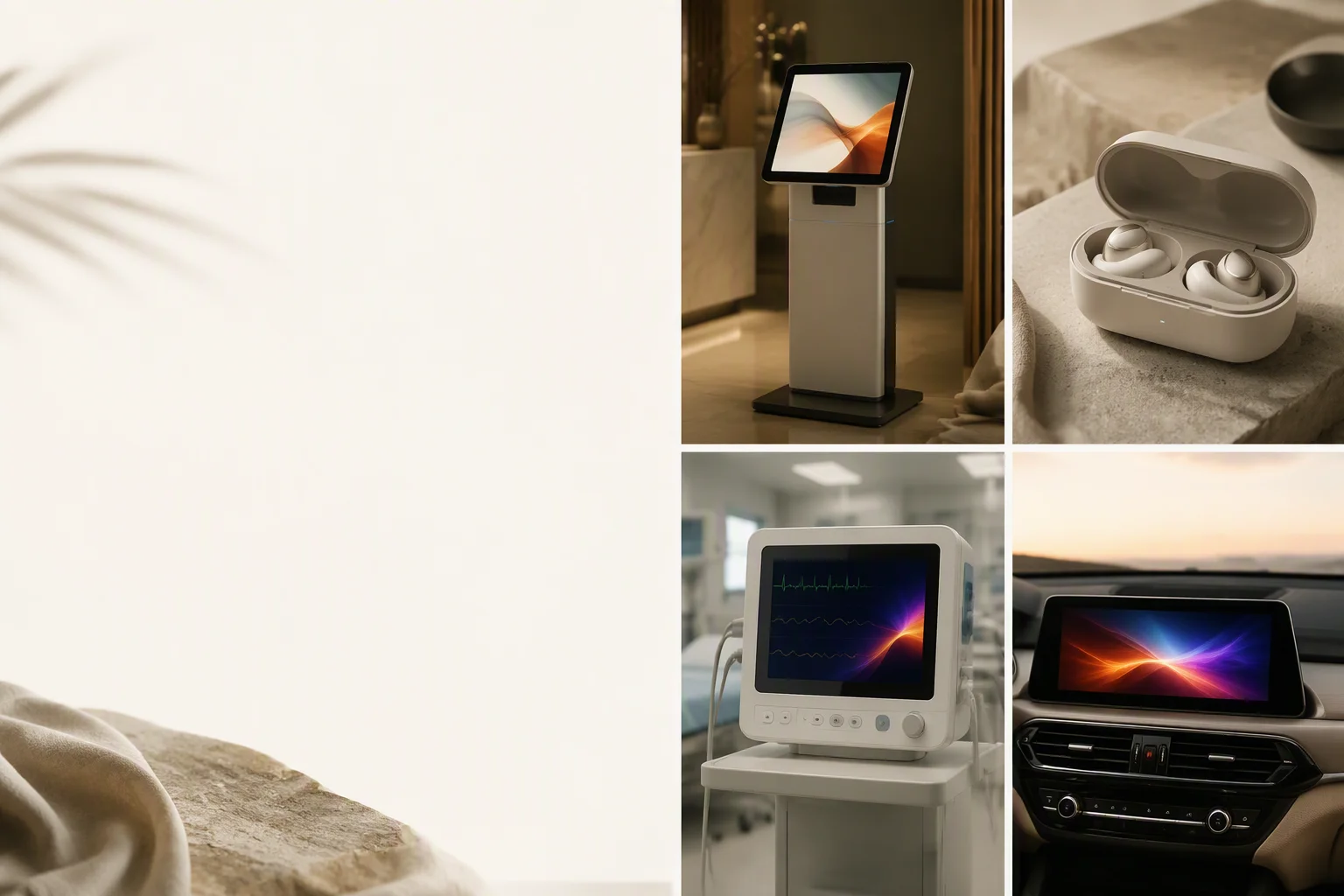 Collage of four case photos: an outdoor kiosk, a TWS charging case display, a hospital monitor and a car dashboard screen