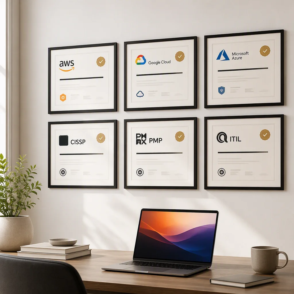 Wall of framed certification badges in a bright corporate office