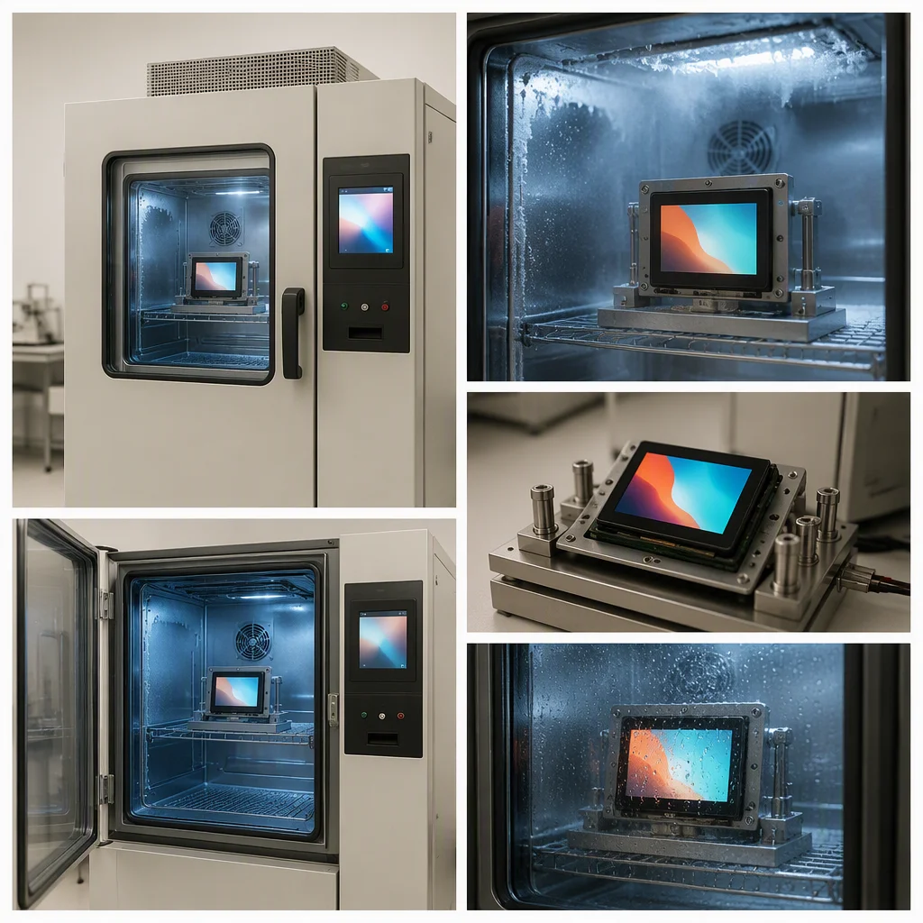 Temperature shock chamber testing a display module under cool blue light