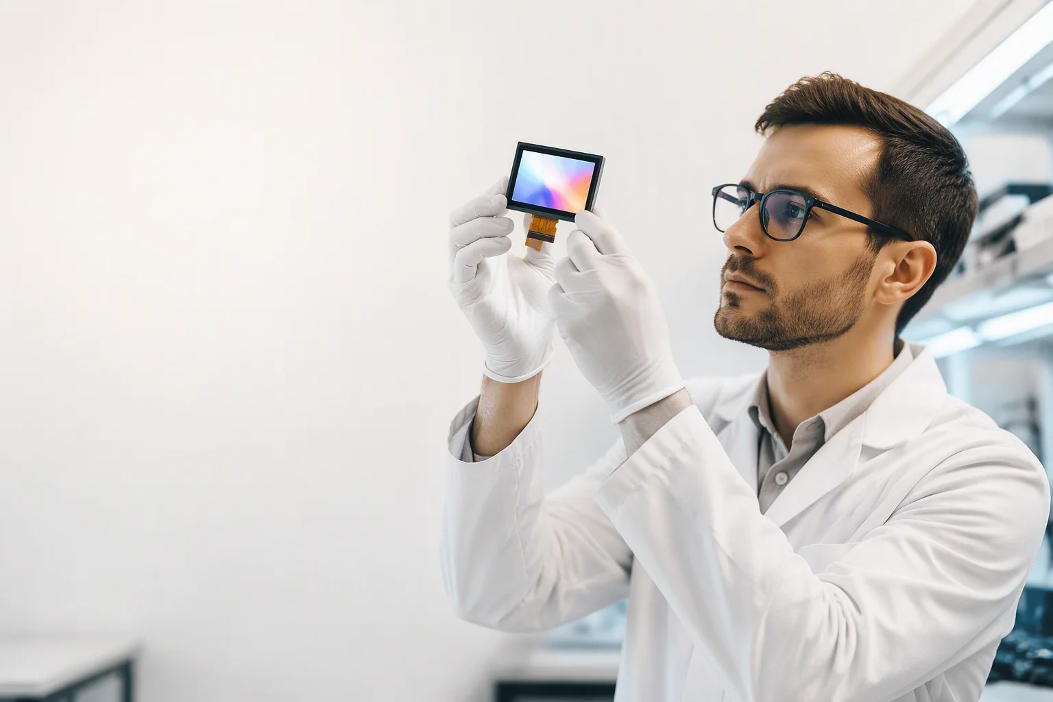 Quality engineer holding a display module up to the light for inspection in a bright lab